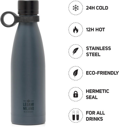 Legami - Hot&Cold, Bouteille Thermique 500 ml, Ø 7 cm, Légère et résistante, fermeture hermétique, poignée en silicone amovible, variante noire, sans BPA et phtalates