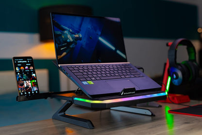 Surefire Portus X1 Gaming Laptop Stand, Notebook Stand Height Adjustable with RGB Lighting, Holder for 10, 17.3 Inch Laptops, Tablet Riser with Ventilation for Desk X1 foldable laptop stand
