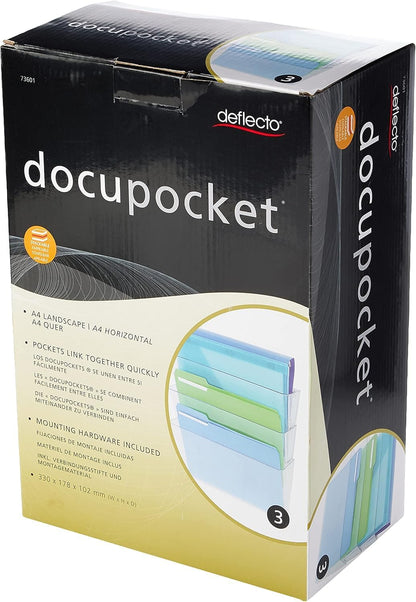Deflecto - Clear Acrylic Wall Mounted A4 Unbreakable Docupocket Stackable Literature File Holder, Pack of 3 Plastic Document Holders - Transparent, Clear