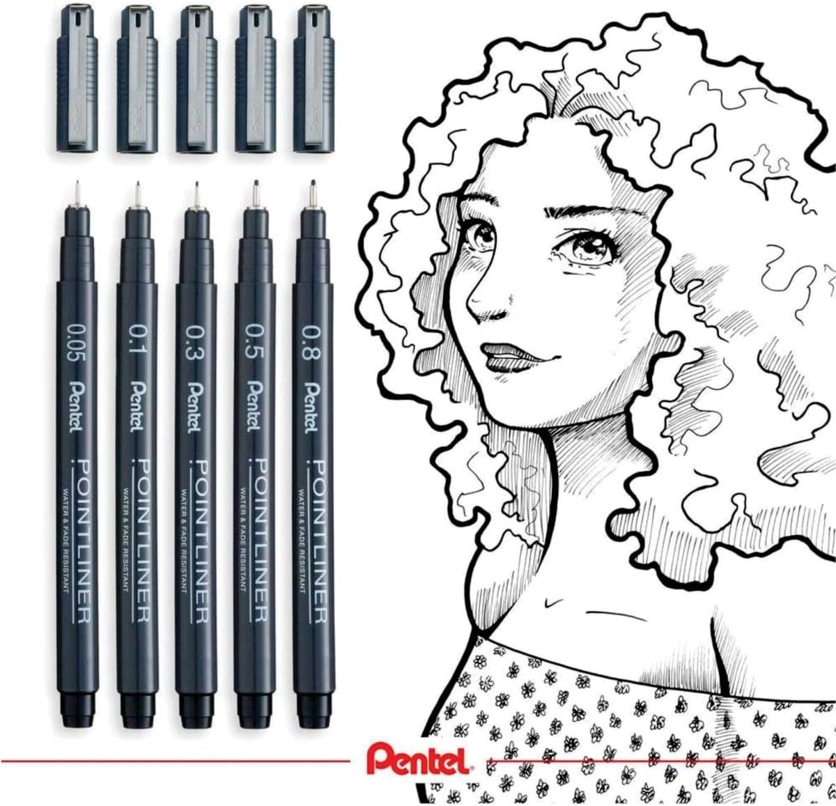 Pentel Arts Pointliner, 0.05mm Tip, Black Pigment ink, Pack of 12 pens