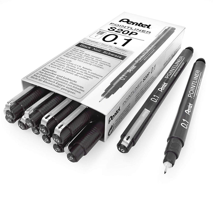 Pentel - S20P Pointliner Pigment Liner Technical Drawing Fineliner Pen - 0.1mm - Black Ink - Pack of 12