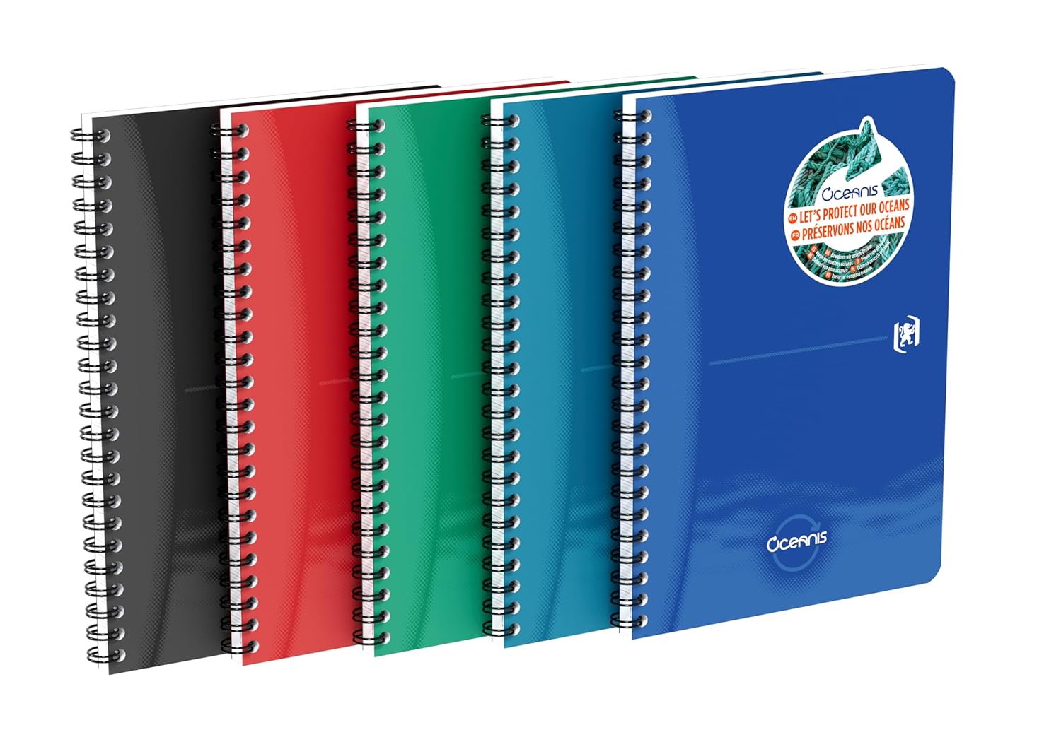 Oxford Oceanis - Cuaderno de espiral (A5, 5 unidades, plástico reciclado del mar, 180 páginas, 5 colores)