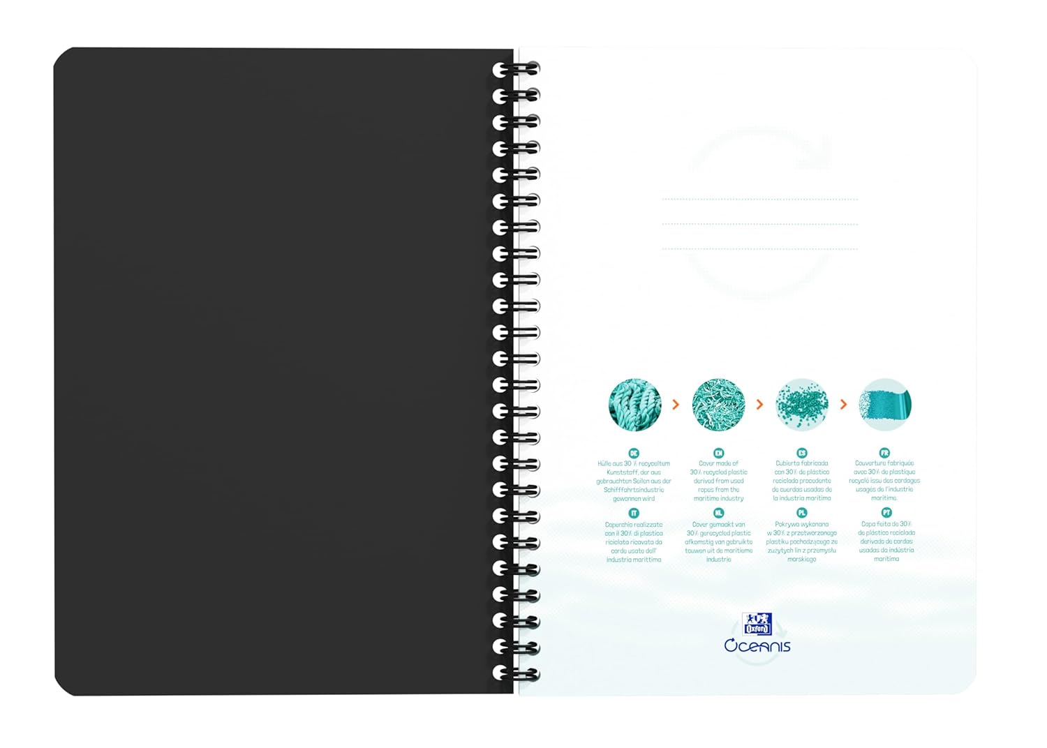 Oxford Oceanis - Cuaderno de espiral (A5, 5 unidades, plástico reciclado del mar, 180 páginas, 5 colores)