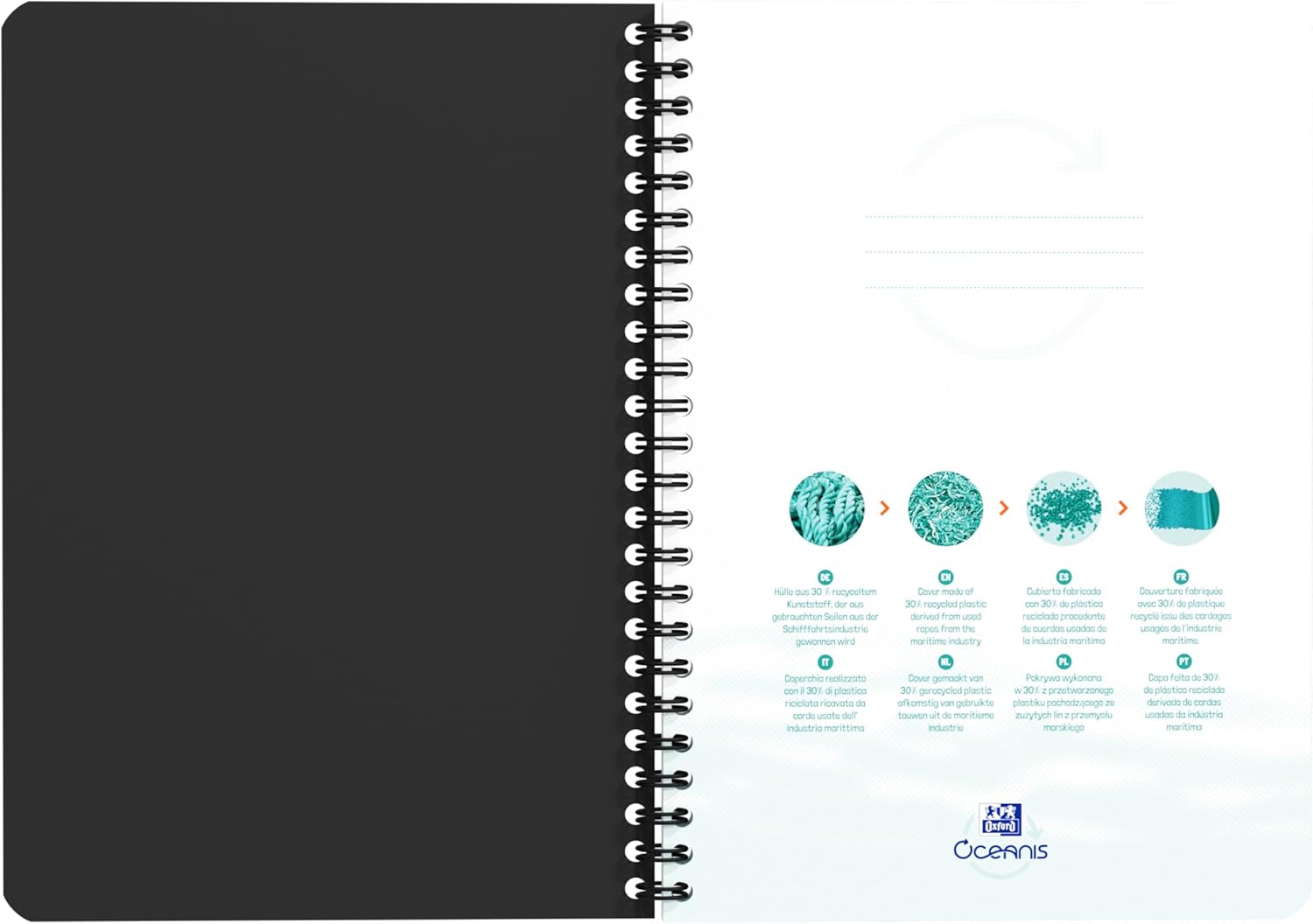 Oxford 1 x A5 Ruled Spiral Notebook Oceanis Recycled Plastic from the Sea 180 Pages Black