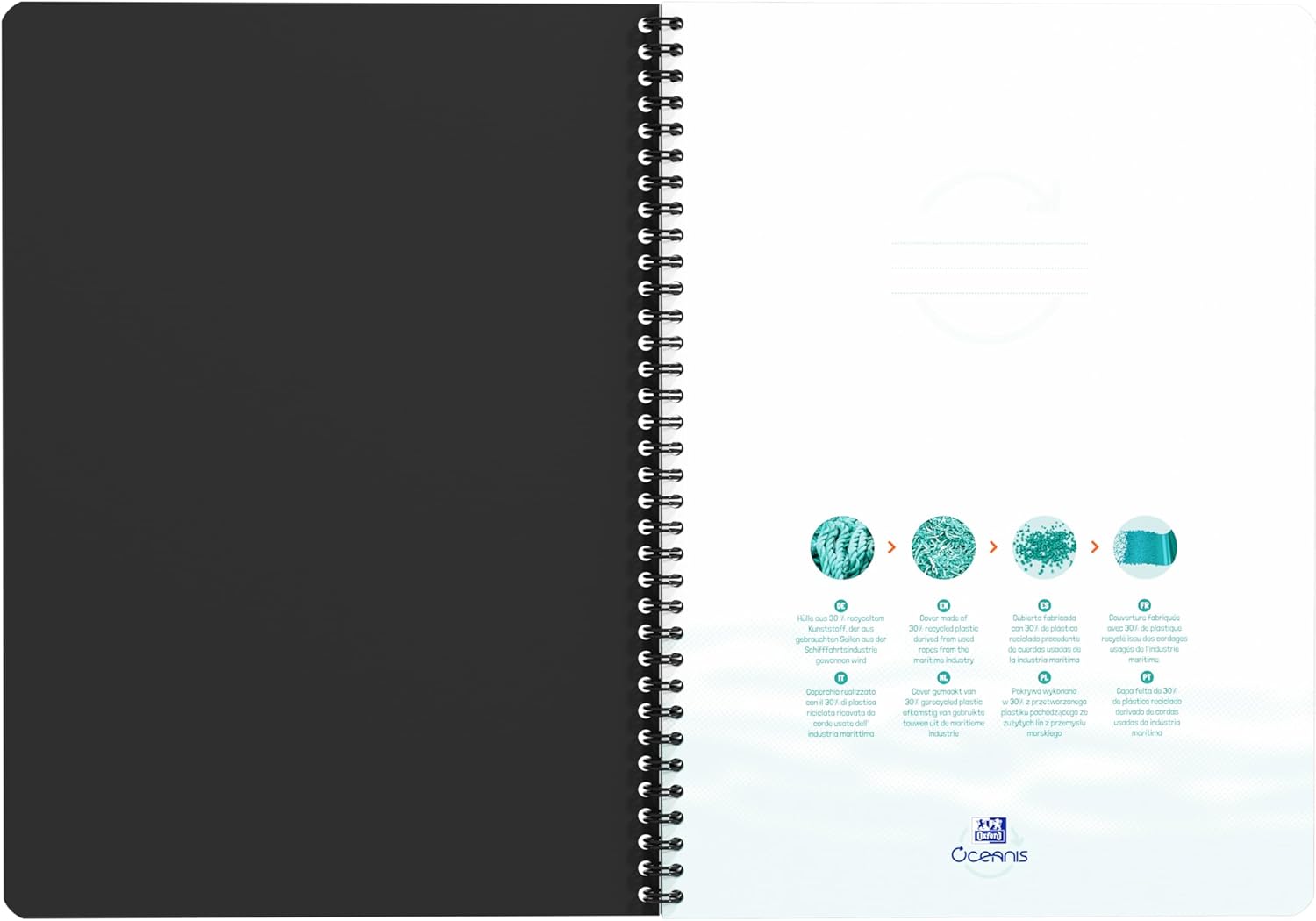 Oxford 1 x A4 Ruled Spiral Notebook - Oceanis Recycled Plastic from the Sea - 180 Pages - Black