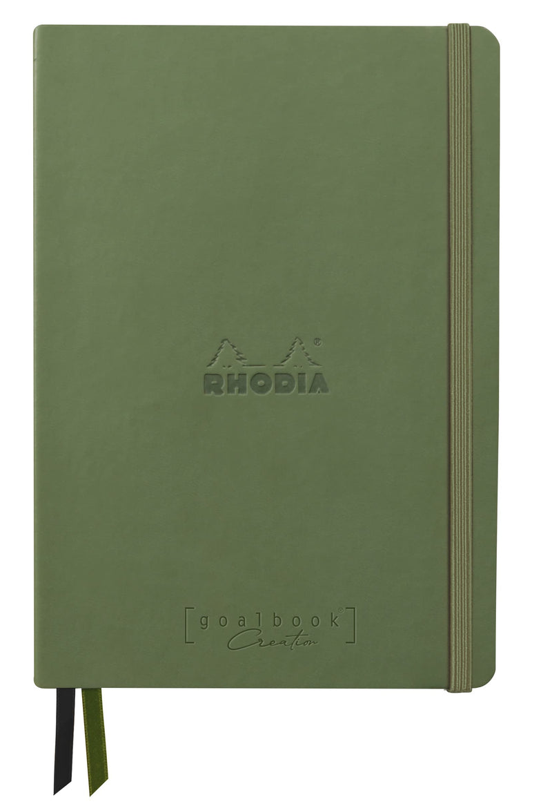 RHODIA 194445C - Bullet Journal Goalbook Creation Sage Rigid Notebook - A5 15.5x21x2 cm - Dotted Dot - 160 pages Clairefontaine Maya Smooth Black Paper 120 g/m - 2 Ribbons - Faux Leather Cover