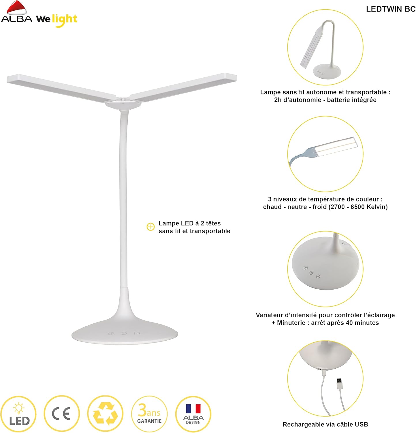 ALBA Lámpara de mesa Archivo 2000 LEDTWIN N Inalámbrica Negro Blanco ABS Plástico 6 W