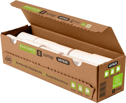 Exacompta SumUp - Ref. 40762E - Box of 20 Thermal Rolls for Credit Card 57x30mm, 1 Thermal ply 55g/m² Phenol-Free, Without Cardboard core, Zero Plastic Waste - Length +/-2m: 9m