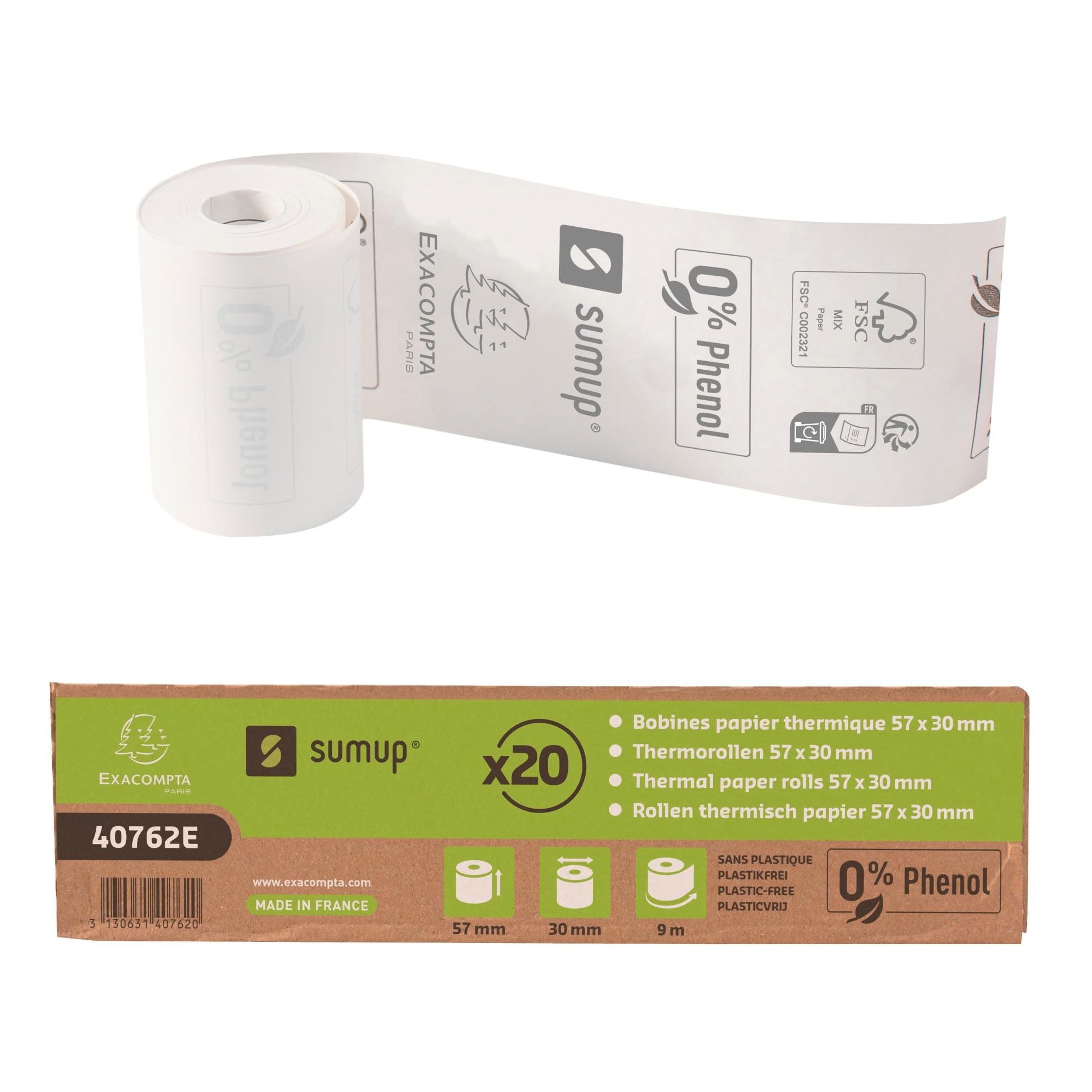 Exacompta SumUp - Ref. 40762E - Box of 20 Thermal Rolls for Credit Card 57x30mm, 1 Thermal ply 55g/m² Phenol-Free, Without Cardboard core, Zero Plastic Waste - Length +/-2m: 9m