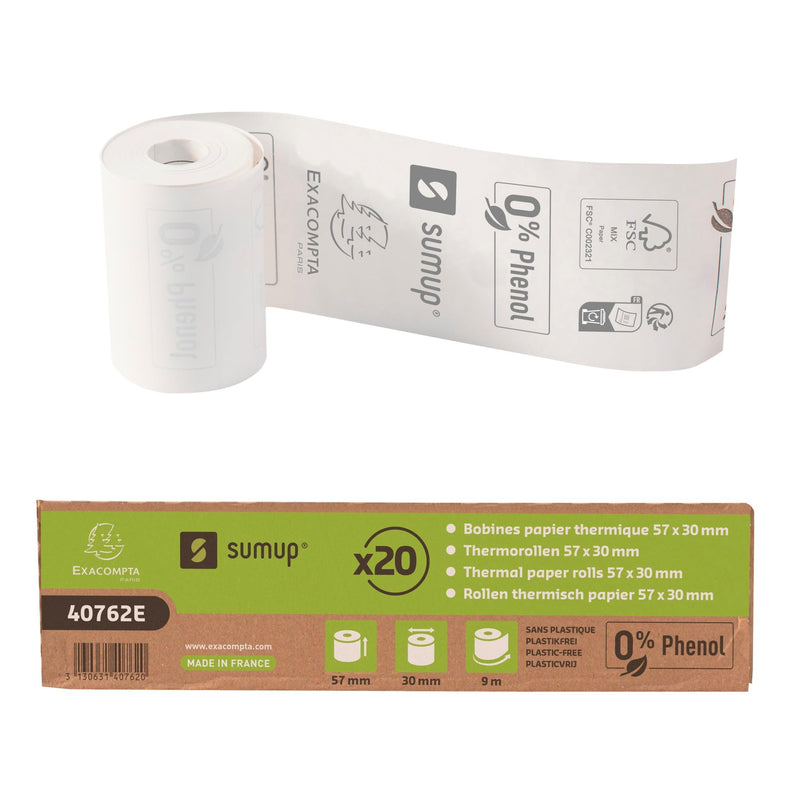 Exacompta SumUp - Ref. 40762E - Box of 20 Thermal Rolls for Credit Card 57x30mm, 1 Thermal ply 55g/m² Phenol-Free, Without Cardboard core, Zero Plastic Waste - Length +/-2m: 9m