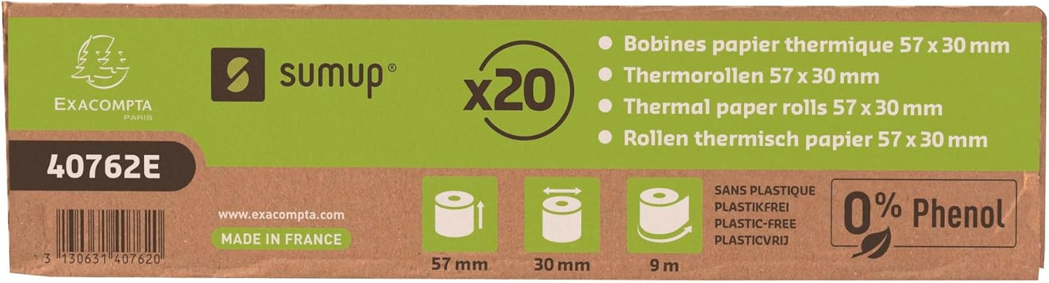 Exacompta SumUp - Ref. 40762E - Box of 20 Thermal Rolls for Credit Card 57x30mm, 1 Thermal ply 55g/m² Phenol-Free, Without Cardboard core, Zero Plastic Waste - Length +/-2m: 9m