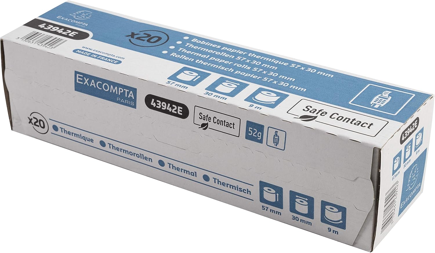 Exacompta - Ref 43942E - Safe Contact Credit Card Machine Rolls - 57mm Wide x 30mm Diameter x 9m in Length, Phenol Free, FSC-Certified Paper - Pack of 20