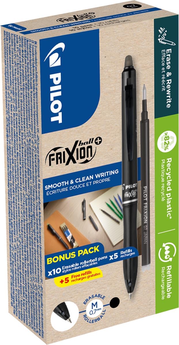 FriXion Ball+ Pilot Erasable Rollerball Pen Medium Tip 0.7mm - Box of 10 Pens + 10 Refills - Black Ink