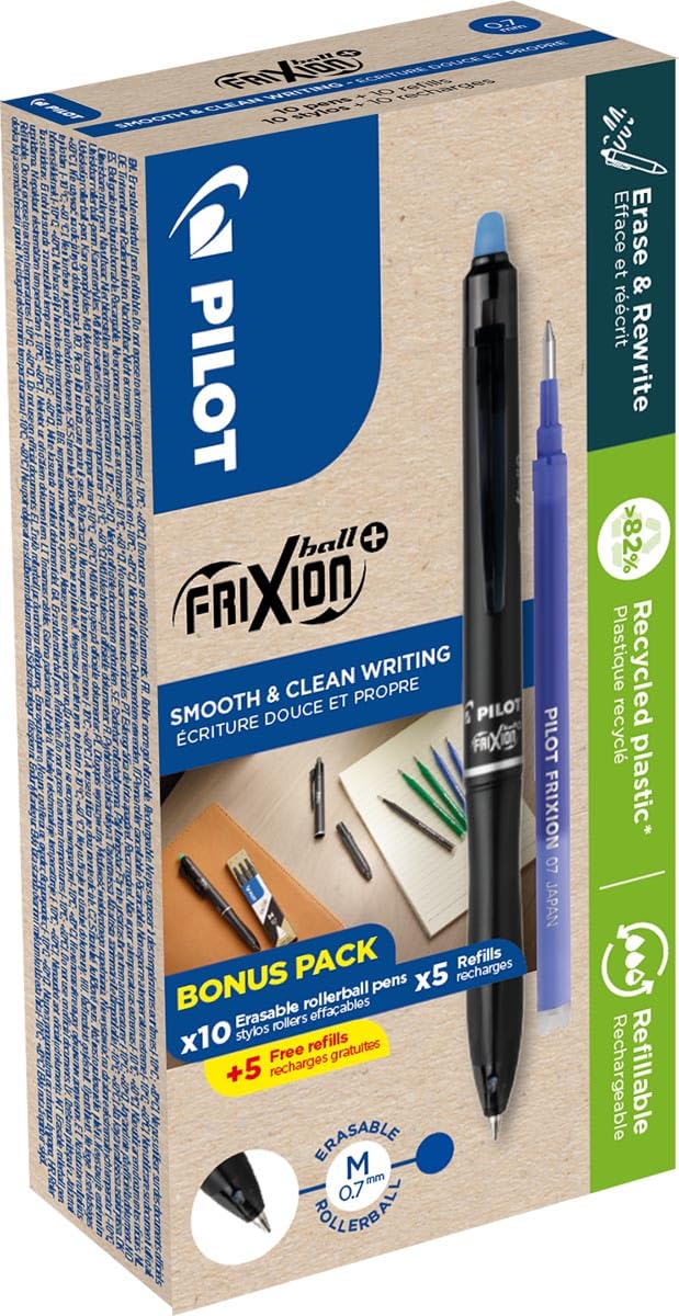 FriXion Ball+ Pilot Erasable Rollerball Pen Medium Tip 0.7mm - Box of 10 Pens + 10 Refills - Blue Ink