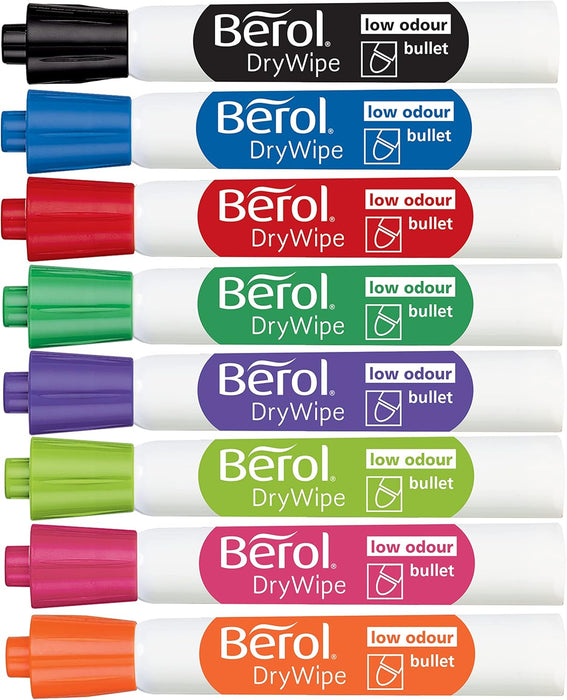 Berol Dry Wipe Whiteboard Marker Pens | Bullet Tip | Assorted Colours | 8 Count Dry Erase Markers