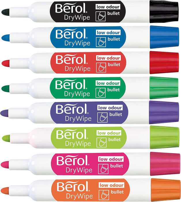 Berol Dry Wipe Whiteboard Marker Pens | Bullet Tip | Assorted Colours | 8 Count Dry Erase Markers