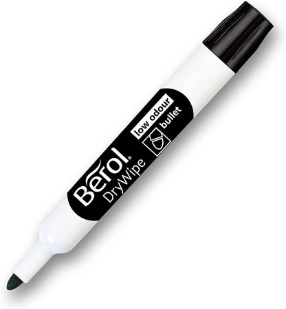 Berol Dry Wipe Whiteboard Marker Pens | Bullet Tip | Black Ink | 12 Count