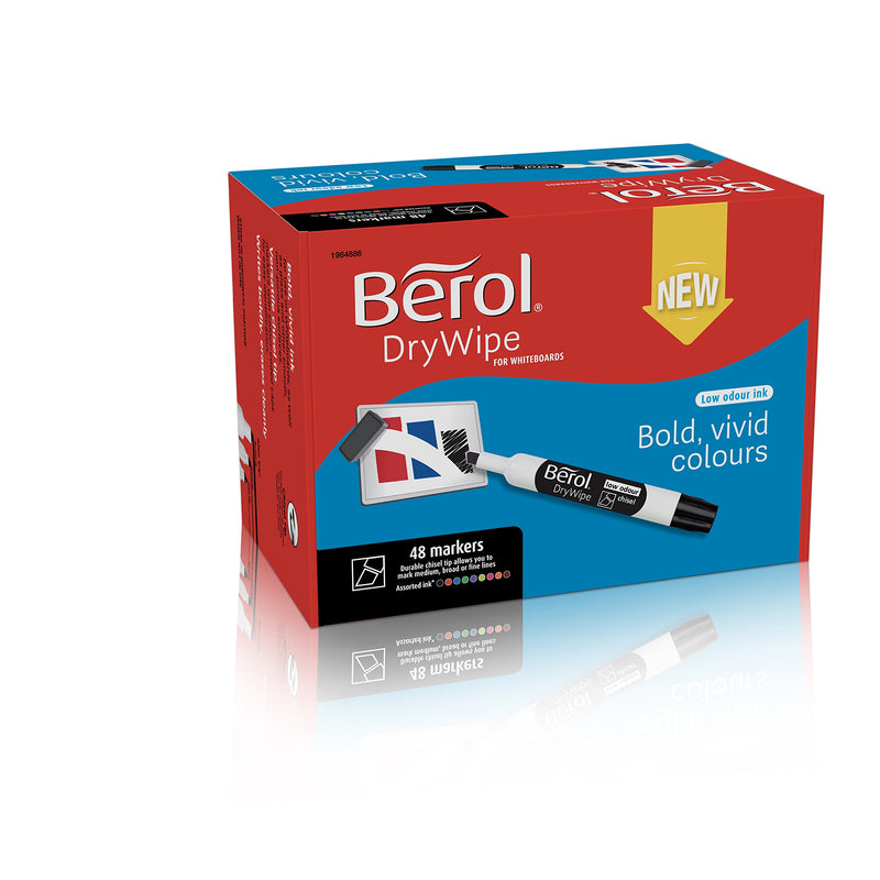 Berol Dry Wipe Whiteboard Marker Pens Chisel Tip Assorted Colours 48 Count Dry Erase Markers