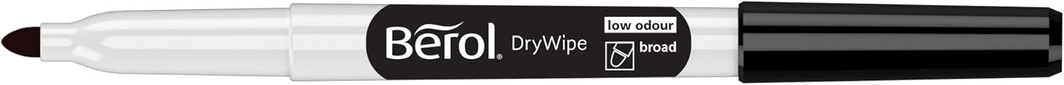 Berol Dry Wipe Whiteboard Marker Pens | Broad Tip | Black Low-Odour Ink | 12 Dry Erase Markers