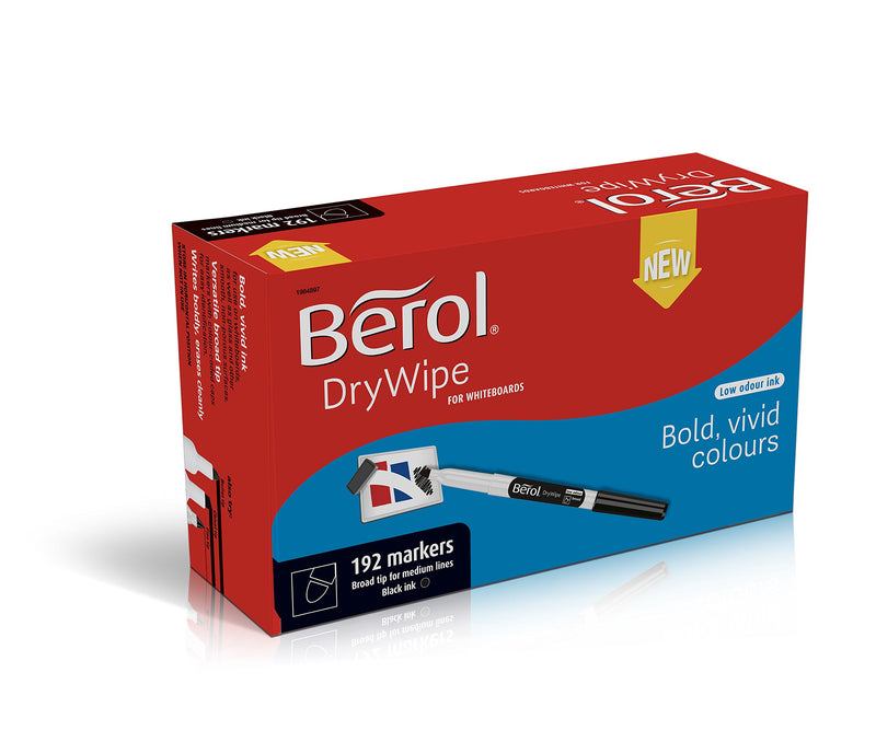 Berol Dry Wipe Whiteboard Marker Pens Broad Tip Black Low-Odour Ink 192 Dry Erase Markers