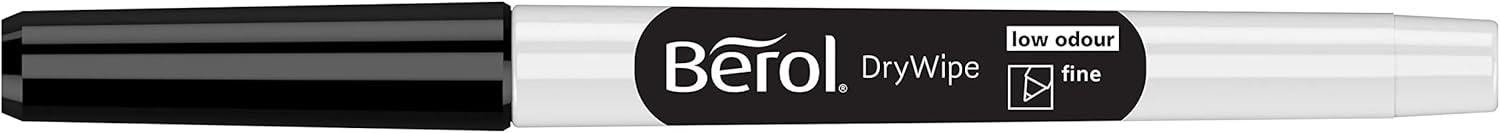 Berol Dry Wipe Whiteboard Marker Pens | Fine Tip | Black Low-Odour Ink | 12 Dry Erase Markers