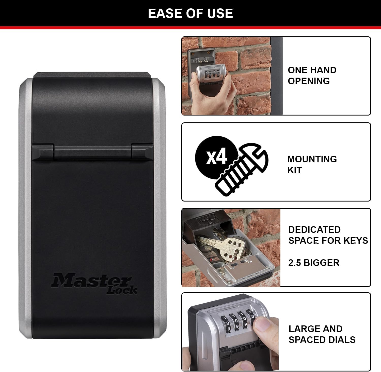 Master Lock 5481EURD Wall Mounted Key Safe with new innovative design, Large Capacity, High Security