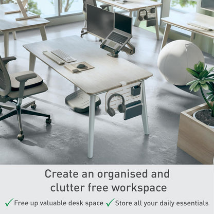 Leitz 65480000 - Organizador de Escritorio Pequeño Ergo, Compatible con Escritorios de hasta 35 mm de Grosor, Ranuras para Colgar, Montaje con Abrazadera, 42 cm x 25 cm, Gama Ergo, Blanco