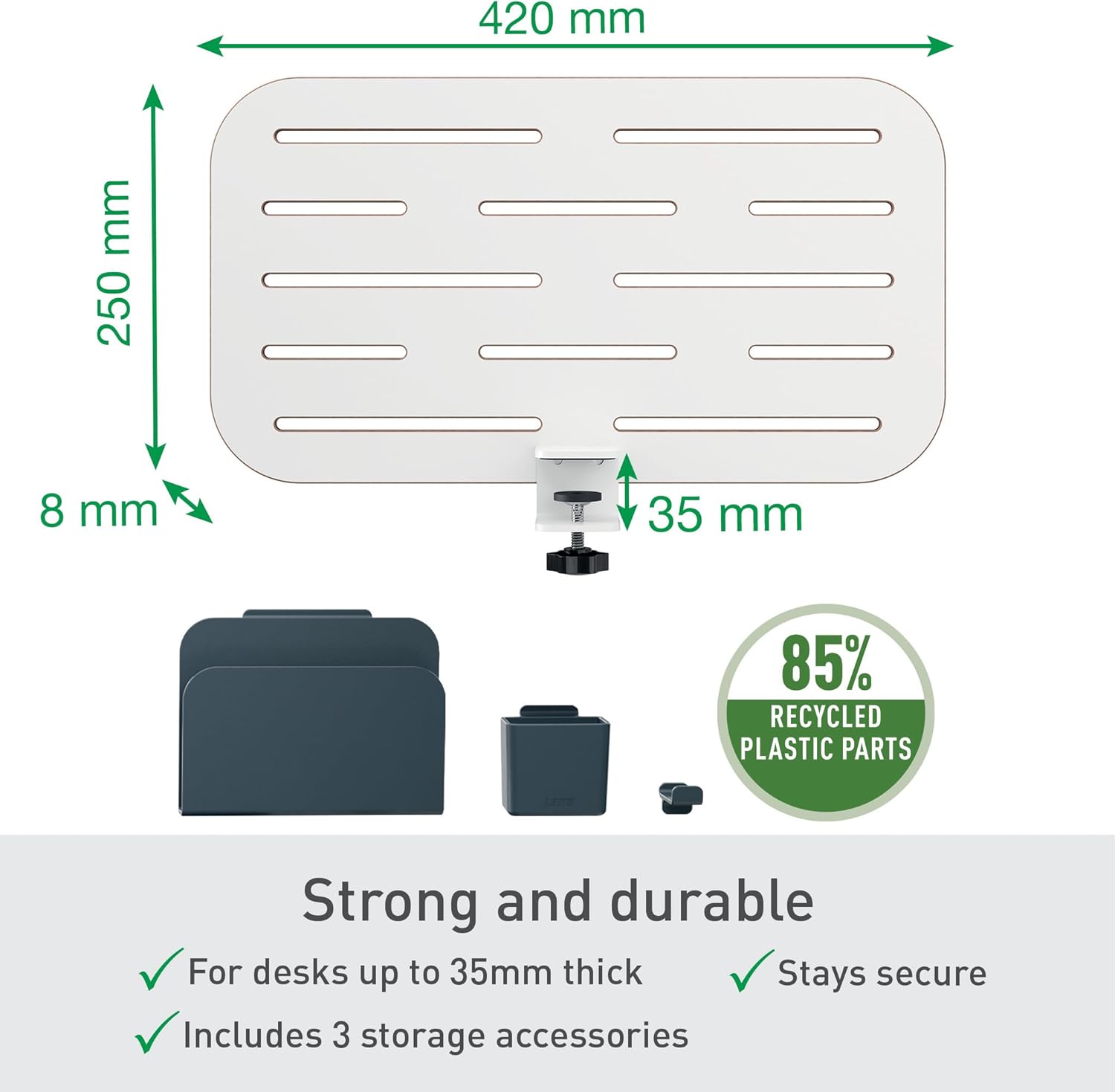 Leitz 65480000 - Organizador de Escritorio Pequeño Ergo, Compatible con Escritorios de hasta 35 mm de Grosor, Ranuras para Colgar, Montaje con Abrazadera, 42 cm x 25 cm, Gama Ergo, Blanco