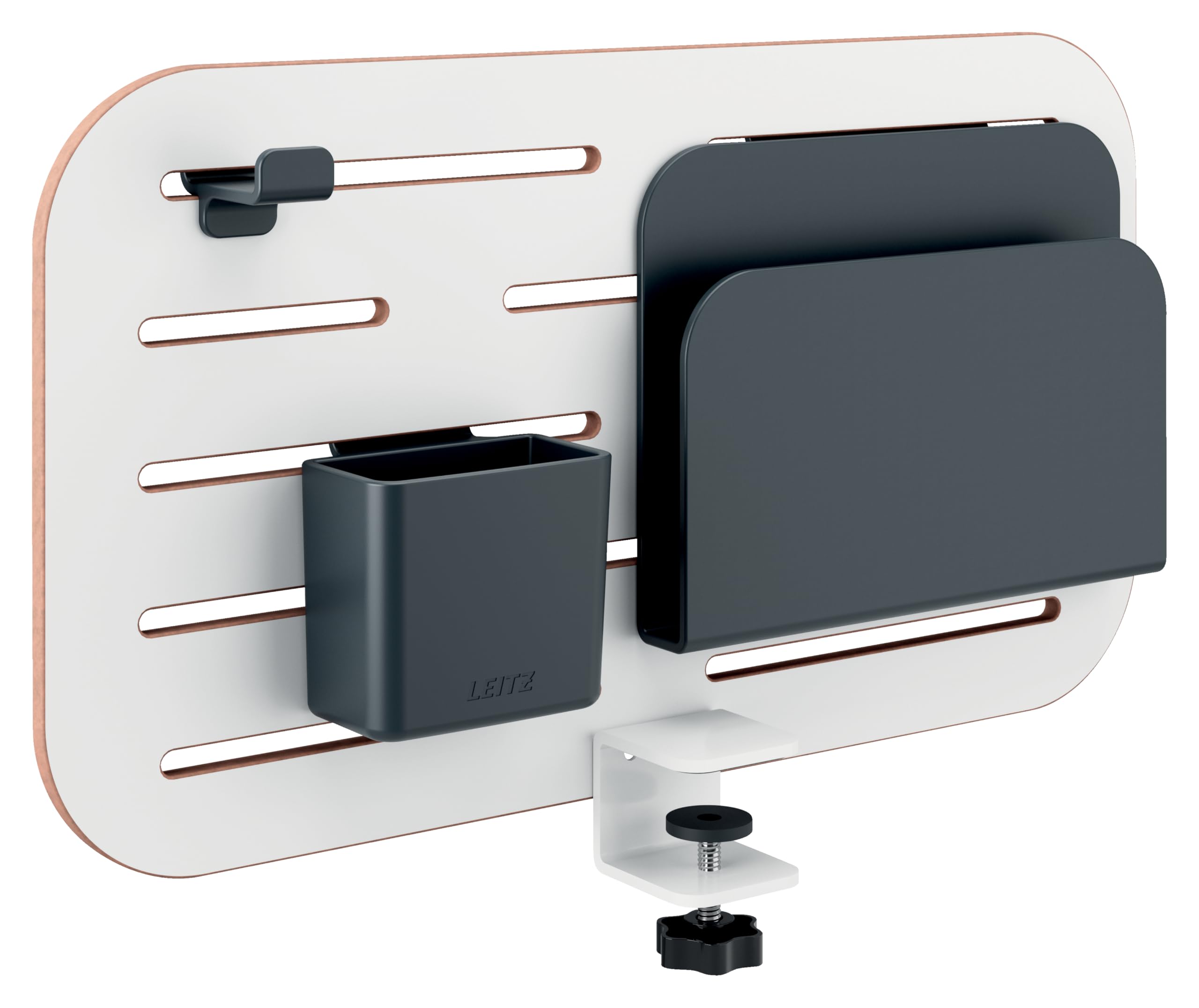 Leitz 65480000 - Organizador de Escritorio Pequeño Ergo, Compatible con Escritorios de hasta 35 mm de Grosor, Ranuras para Colgar, Montaje con Abrazadera, 42 cm x 25 cm, Gama Ergo, Blanco