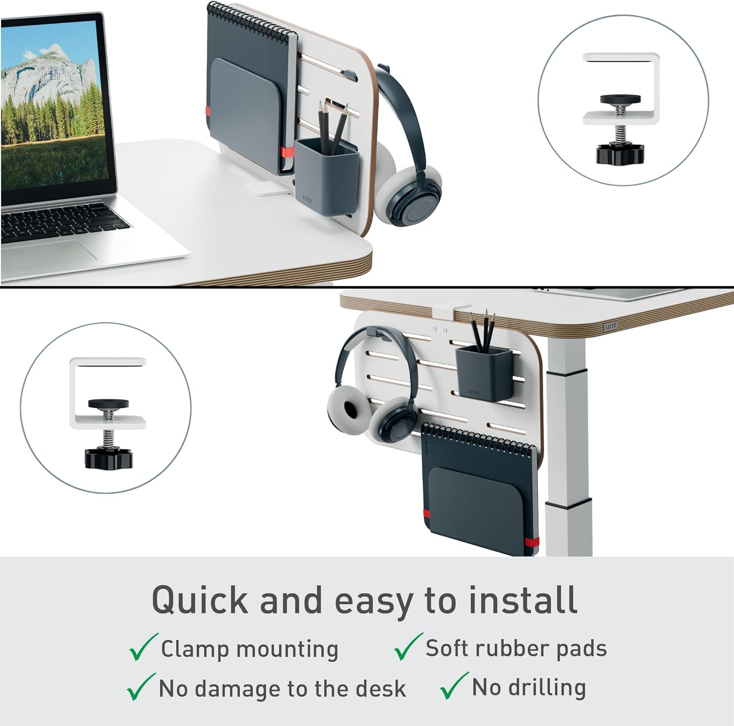 Leitz 65480000 - Organizador de Escritorio Pequeño Ergo, Compatible con Escritorios de hasta 35 mm de Grosor, Ranuras para Colgar, Montaje con Abrazadera, 42 cm x 25 cm, Gama Ergo, Blanco