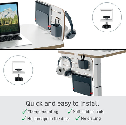 Leitz 65480000 - Organizador de Escritorio Pequeño Ergo, Compatible con Escritorios de hasta 35 mm de Grosor, Ranuras para Colgar, Montaje con Abrazadera, 42 cm x 25 cm, Gama Ergo, Blanco