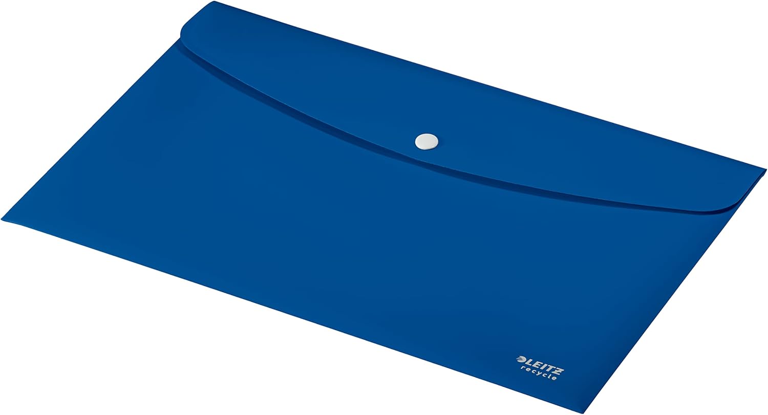 Leitz Recycle Document Wallet, 60 A4 Sheet Filing Capacity, Button Closure Organiser File, Lightweight Plastic Travel Folder, 100% Recyclable, CO2 Neutral, Eco Friendly, Recycle Range, Blue, 46780035
