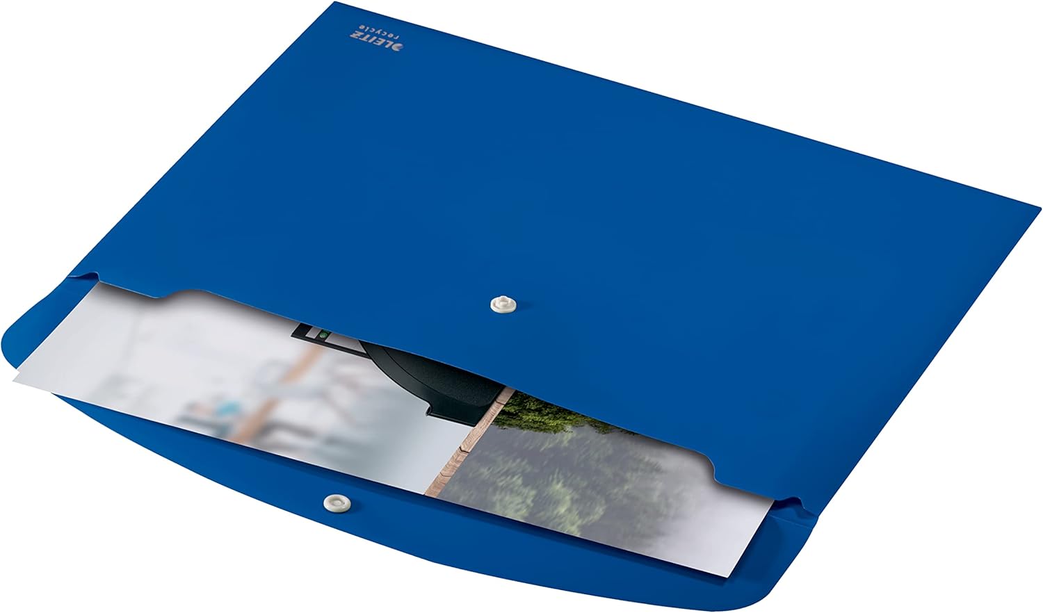 Leitz Recycle Document Wallet, 60 A4 Sheet Filing Capacity, Button Closure Organiser File, Lightweight Plastic Travel Folder, 100% Recyclable, CO2 Neutral, Eco Friendly, Recycle Range, Blue, 46780035