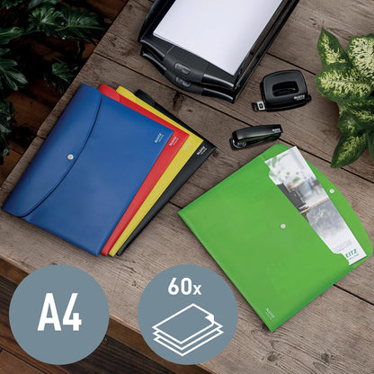 Leitz Recycle Document Wallet, 60 A4 Sheet Filing Capacity, Button Closure Organiser File, Lightweight Plastic Travel Folder, 100% Recyclable, CO2 Neutral, Eco Friendly, Recycle Range, Blue, 46780035