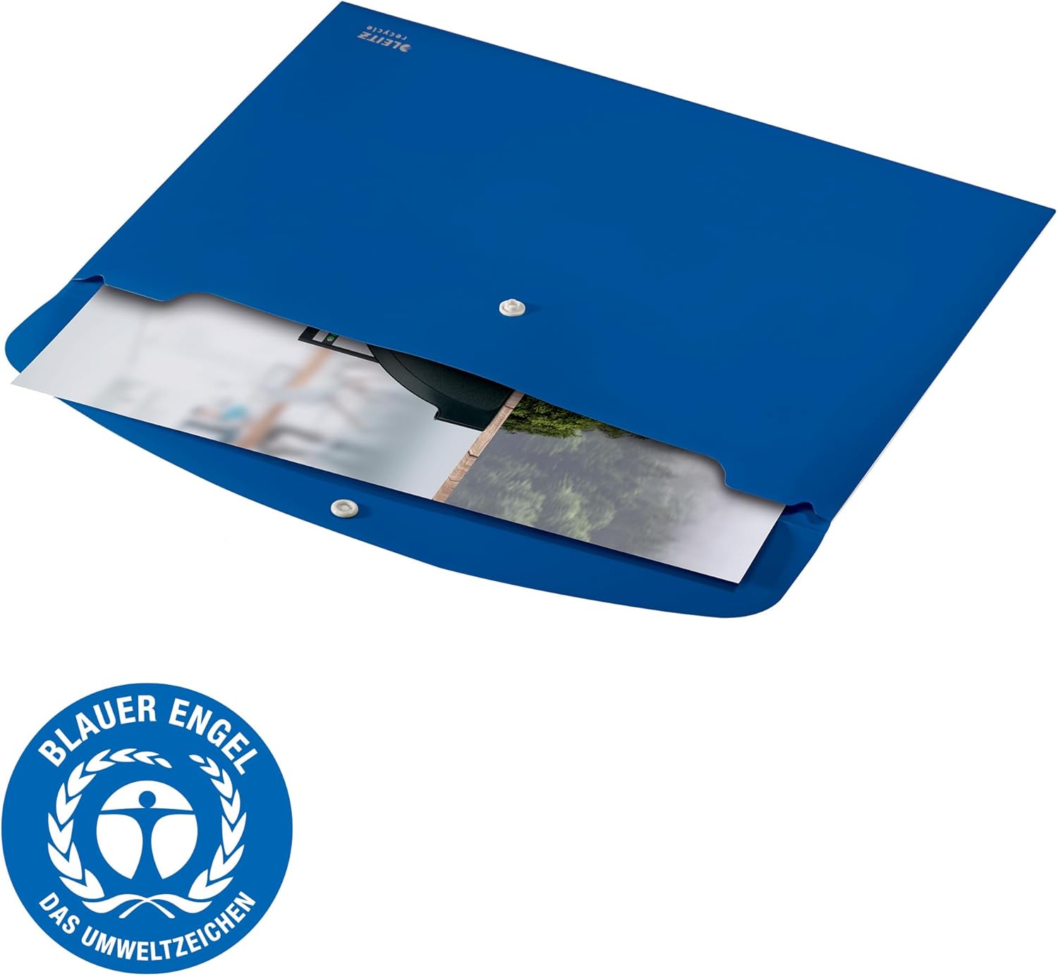 Leitz Recycle Document Wallet, 60 A4 Sheet Filing Capacity, Button Closure Organiser File, Lightweight Plastic Travel Folder, 100% Recyclable, CO2 Neutral, Eco Friendly, Recycle Range, Blue, 46780035