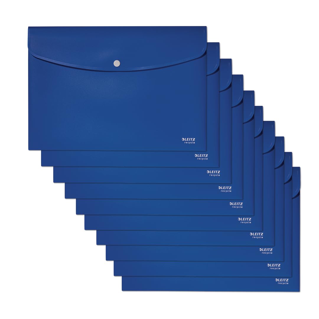Leitz Recycle Document Wallet, 60 A4 Sheet Filing Capacity, Button Closure Organiser File, Lightweight Plastic Travel Folder, 100% Recyclable, CO2 Neutral, Eco Friendly, Recycle Range, Blue, 46780035