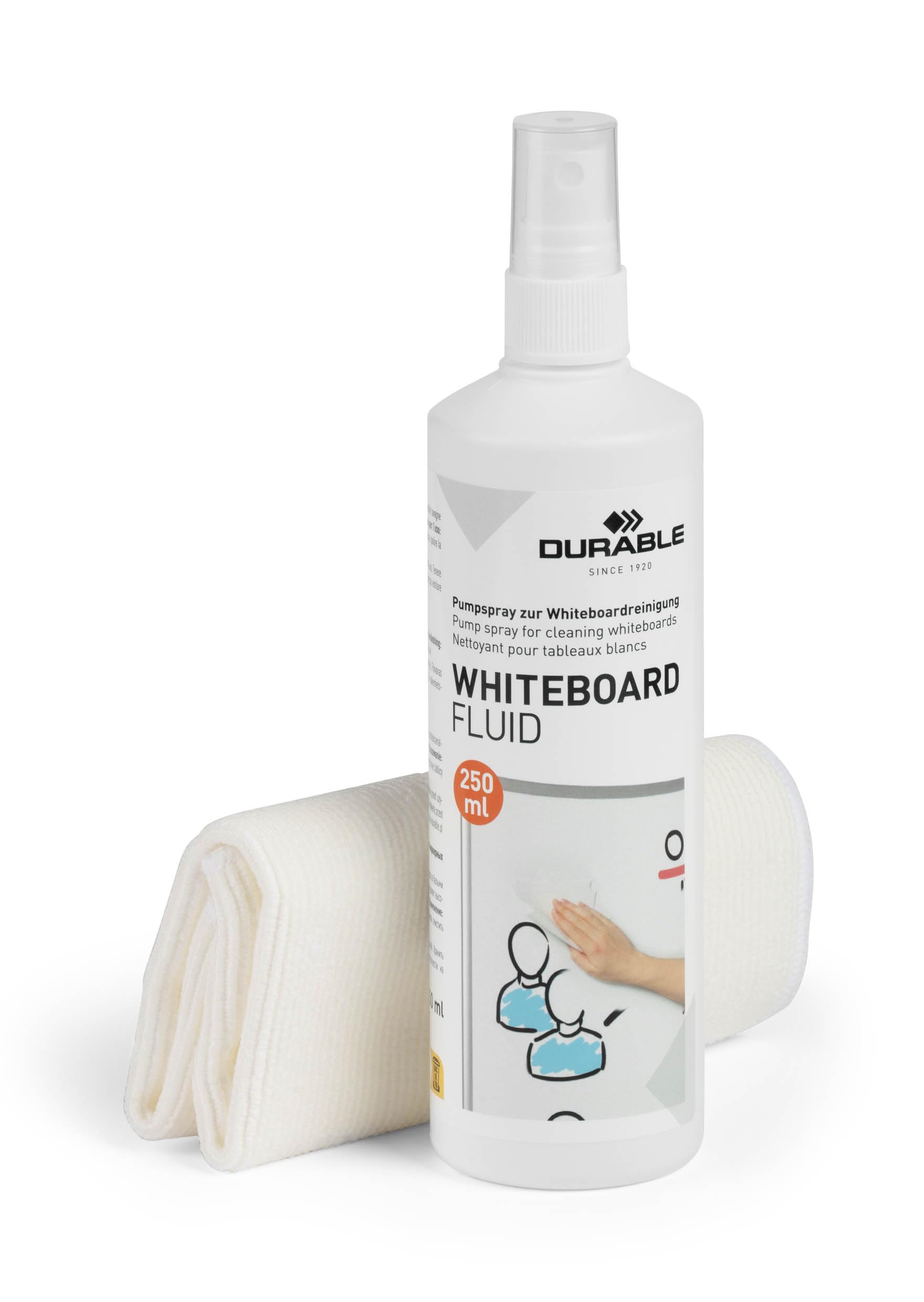 Durable 583300 juego de limpieza para pizarra blanca con 250 ml de spray de bomba y 1 paño de microfibra de 25 x 25 cm