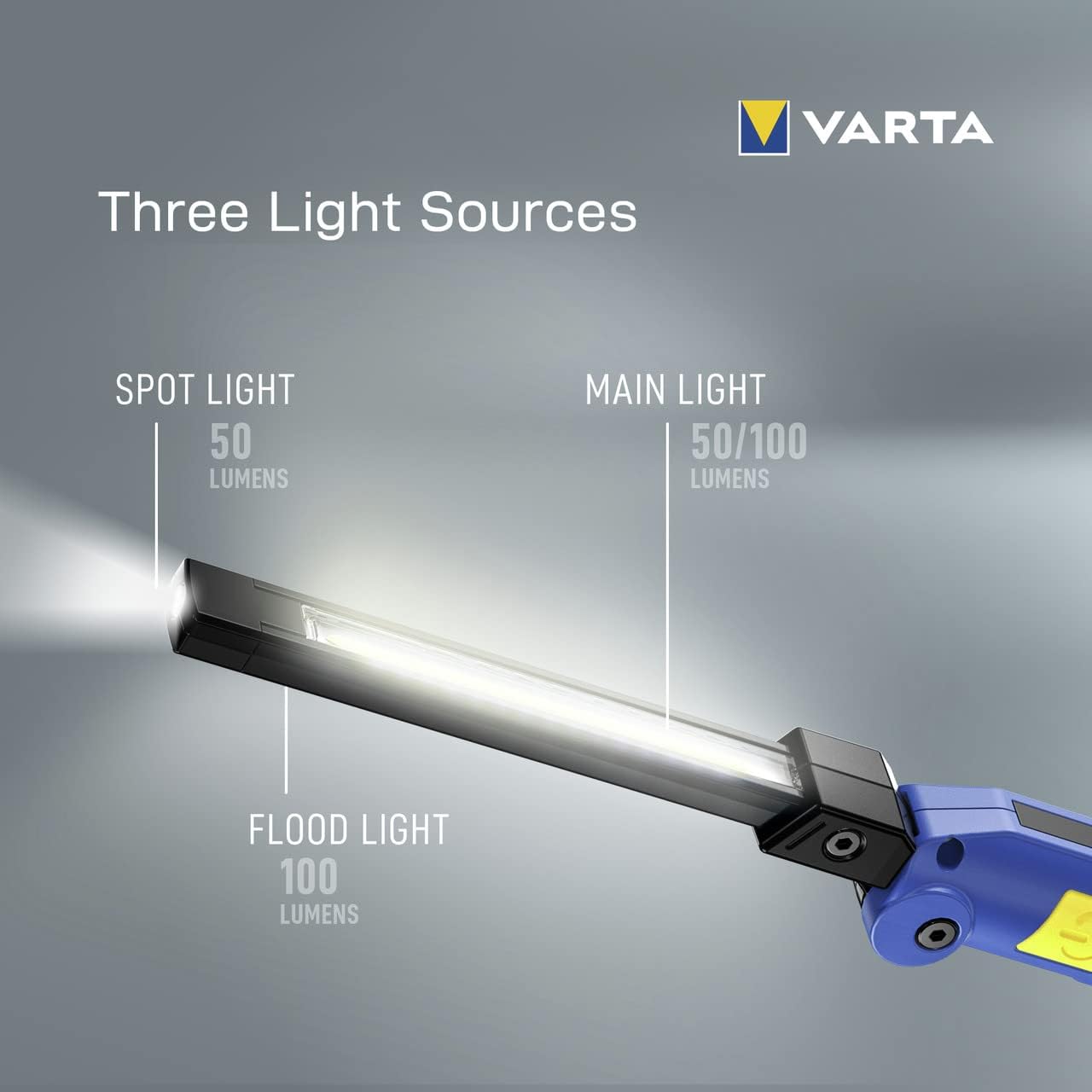 VARTA Work Flex Multifunction Light F20R (Includes UBS Type C Cable, 180° Foldable Design, Spotlight, 2X Panel Light, Magnet and Clip, IP54 Splash and Dustproof, Shockproof