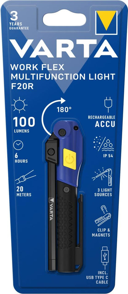 VARTA Work Flex Multifunction Light F20R (Includes UBS Type C Cable, 180° Foldable Design, Spotlight, 2X Panel Light, Magnet and Clip, IP54 Splash and Dustproof, Shockproof