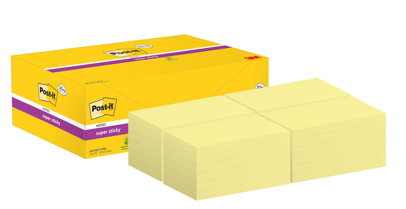 Post-it Super Sticky Notes, Canary Yellow, 24 Pads, 76 mm x 127 mm, 90 Sheets per Pad - Self-Sticking Notes for Walls, Monitors and Fridge
