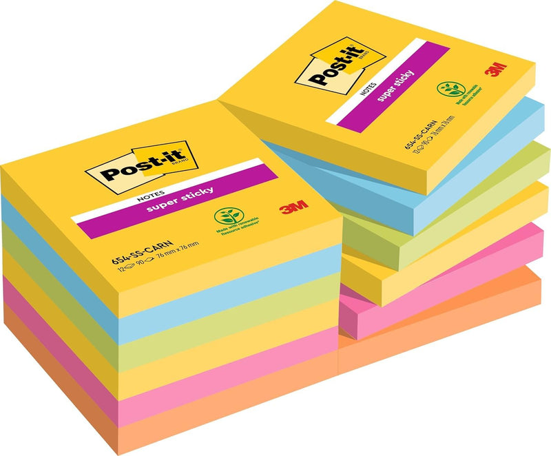 Post-it Super Sticky Notes, Double The Sticking Power, 12 Pads, 1080 Sheets, 76 mm x 76 mm, Yellow, Blue, Orange, Pink, Yellow Colors - Self-Sticking Notes for Walls, Monitors and Fridge