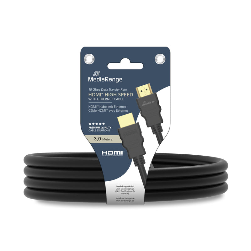 MediaRange HDMI High Speed Connection Cable with Ethernet, Gold-Plated Contacts, 18 Gbit/s Data Transfer Rate, 3.0 m, Black