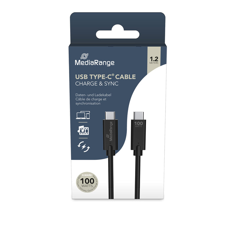 MediaRange USB Type-C® Charging and Data Cable with E-Marker Chip, USB 3.1, Supports USB-C Power Delivery 3.0, Quick Charge 3.0 and PPS, 100 W Max, 10 Gbit/s, 1.2 m, Black