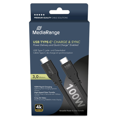 MediaRange USB Type-C® Charging Data Cable with E-Mark Chip, USB 3.2 Gen 1 x 2, 10Gbps, Supports USB-C Power Delivery 3.0, Quick Charge 3.0 and PPS, 100W Max., 3m, Black