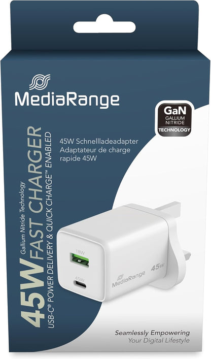 MediaRange 45W GaN Fast Charging Adapter (UK Plug), 1x USB-C and 1x USB-A, Supports USB-C® Power Delivery and Quick Charge™, White