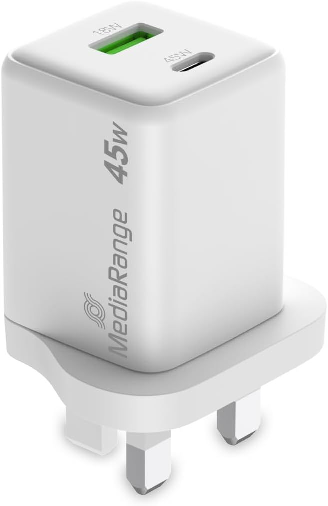 MediaRange 45W GaN Fast Charging Adapter (UK Plug), 1x USB-C and 1x USB-A, Supports USB-C® Power Delivery and Quick Charge™, White