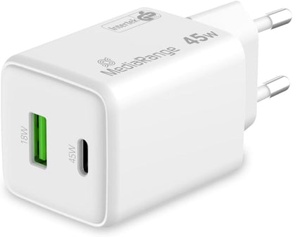 MediaRange 45W GaN Fast Charging Adapter (UK Plug), 1x USB-C and 1x USB-A, Supports USB-C® Power Delivery and Quick Charge™, White