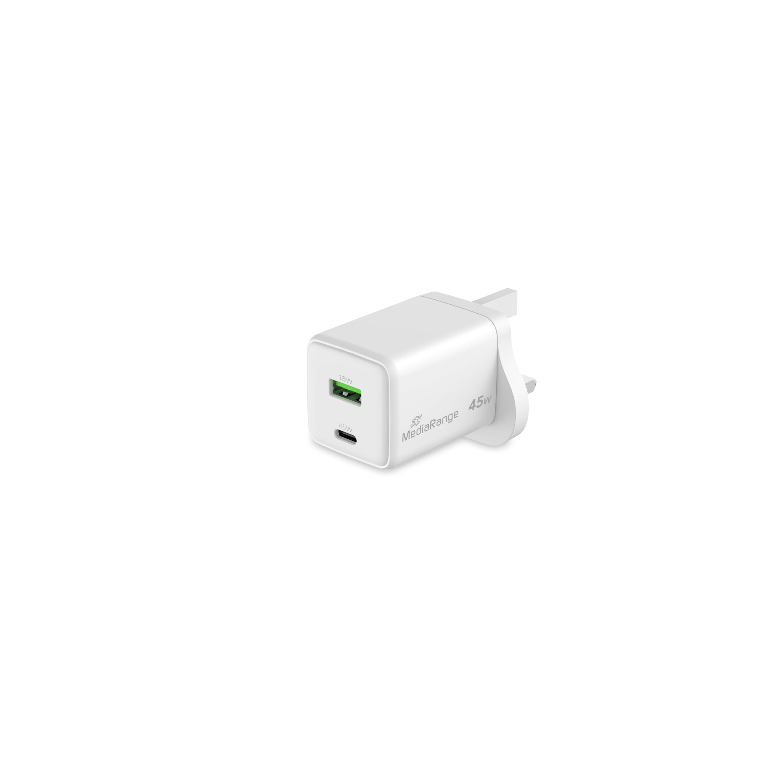 MediaRange 45W GaN Fast Charging Adapter (UK Plug), 1x USB-C and 1x USB-A, Supports USB-C® Power Delivery and Quick Charge™, White