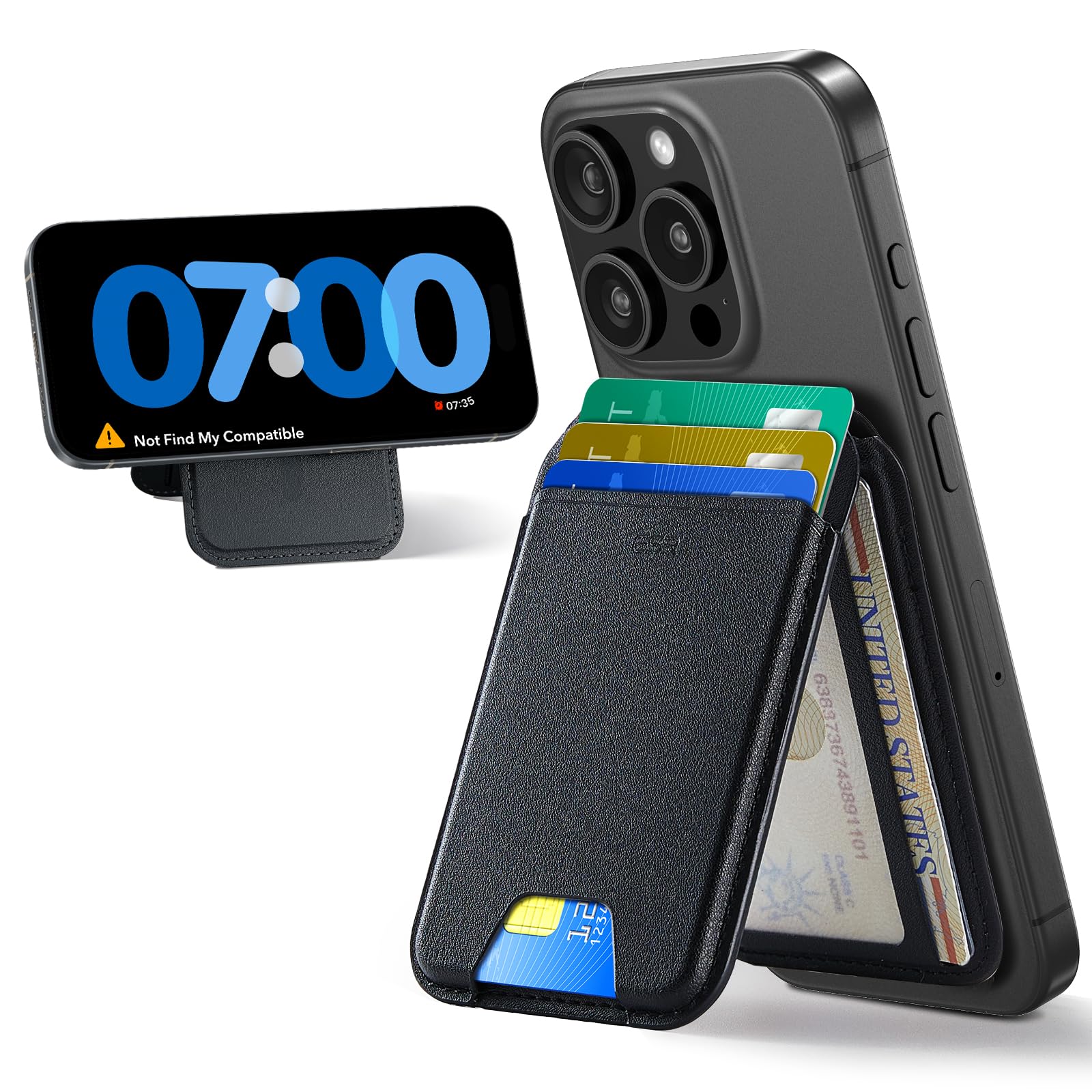 ESR Magnetic Wallet (HaloLock), Compatible with MagSafe Wallet, with Adjustable Stand, for iPhone 16/15/14/13/12 Series, Not for 13/12 mini, 3 Card Holder, Vegan Leather, Black