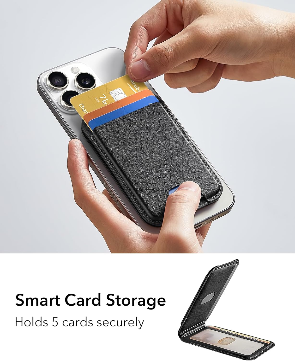 ESR Magnetic Wallet (HaloLock), Compatible with MagSafe Wallet, with Adjustable Stand, for iPhone 16/15/14/13/12 Series, Not for 13/12 mini, 3 Card Holder, Vegan Leather, Black